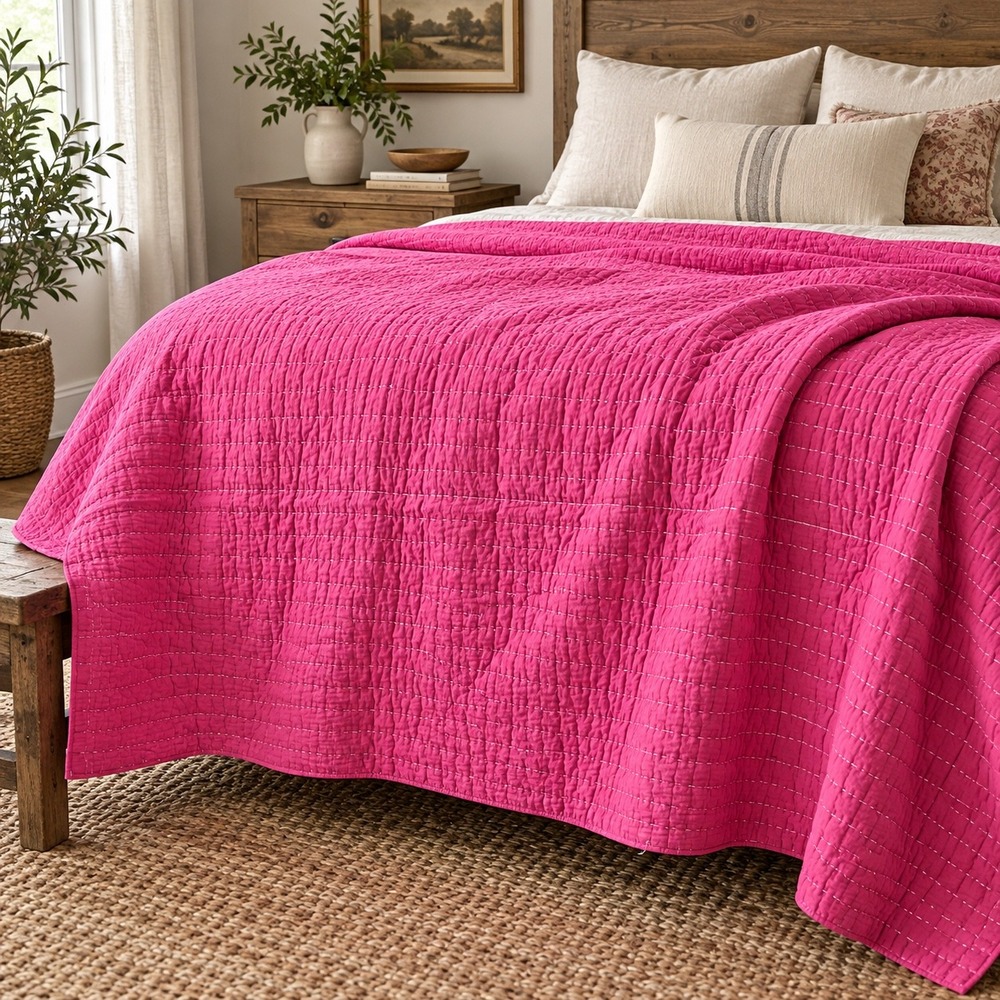 Unbranded Kantha Quilt Full Queen Pink Reversible Hand Stitched Cotton Good